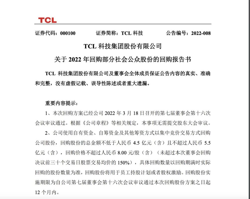 TCL科技發布公告：擬以4.5億元-5.5億元回購公司股份