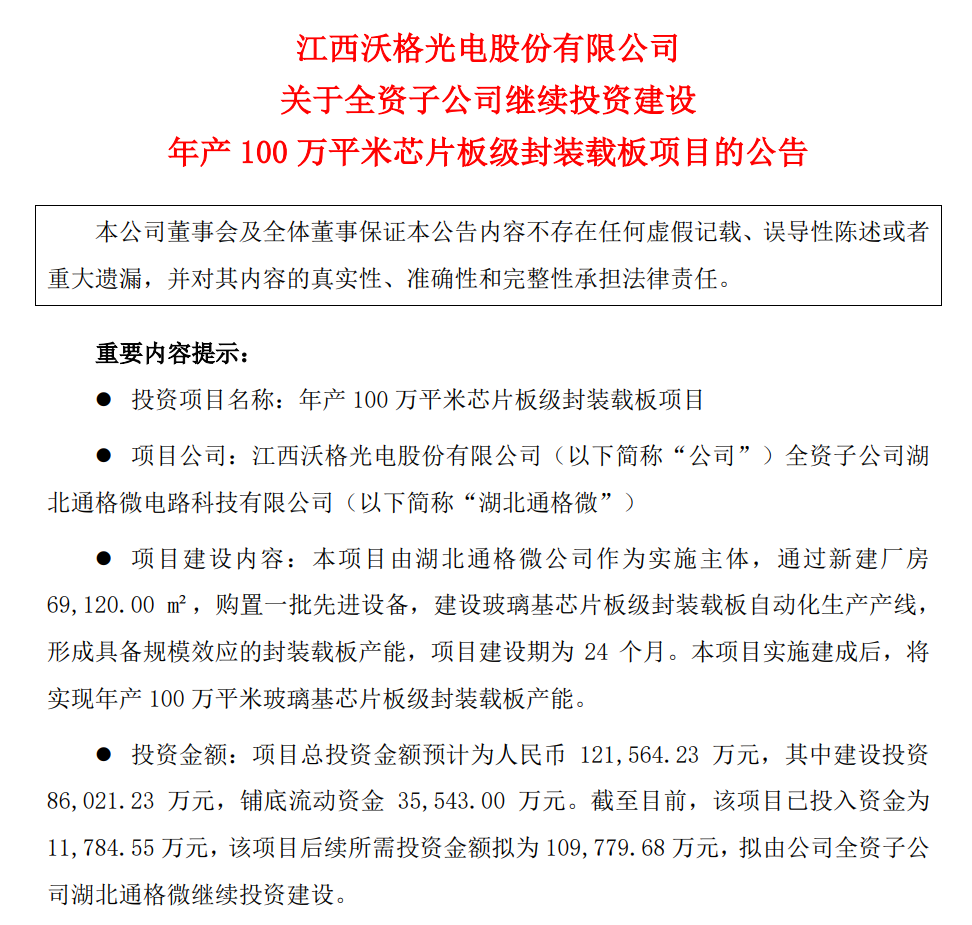 沃格光電：繼續(xù)投建年產(chǎn)100萬平米芯片板級(jí)封裝載板項(xiàng)目